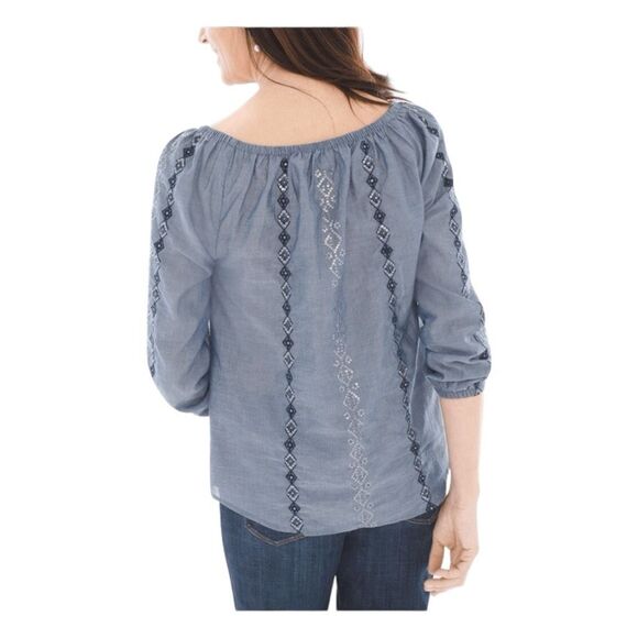 Chico's Chambray Peasant Top Blue Embellished Denim‎ Long Sleeve Boat Neck M - Picture 3 of 9